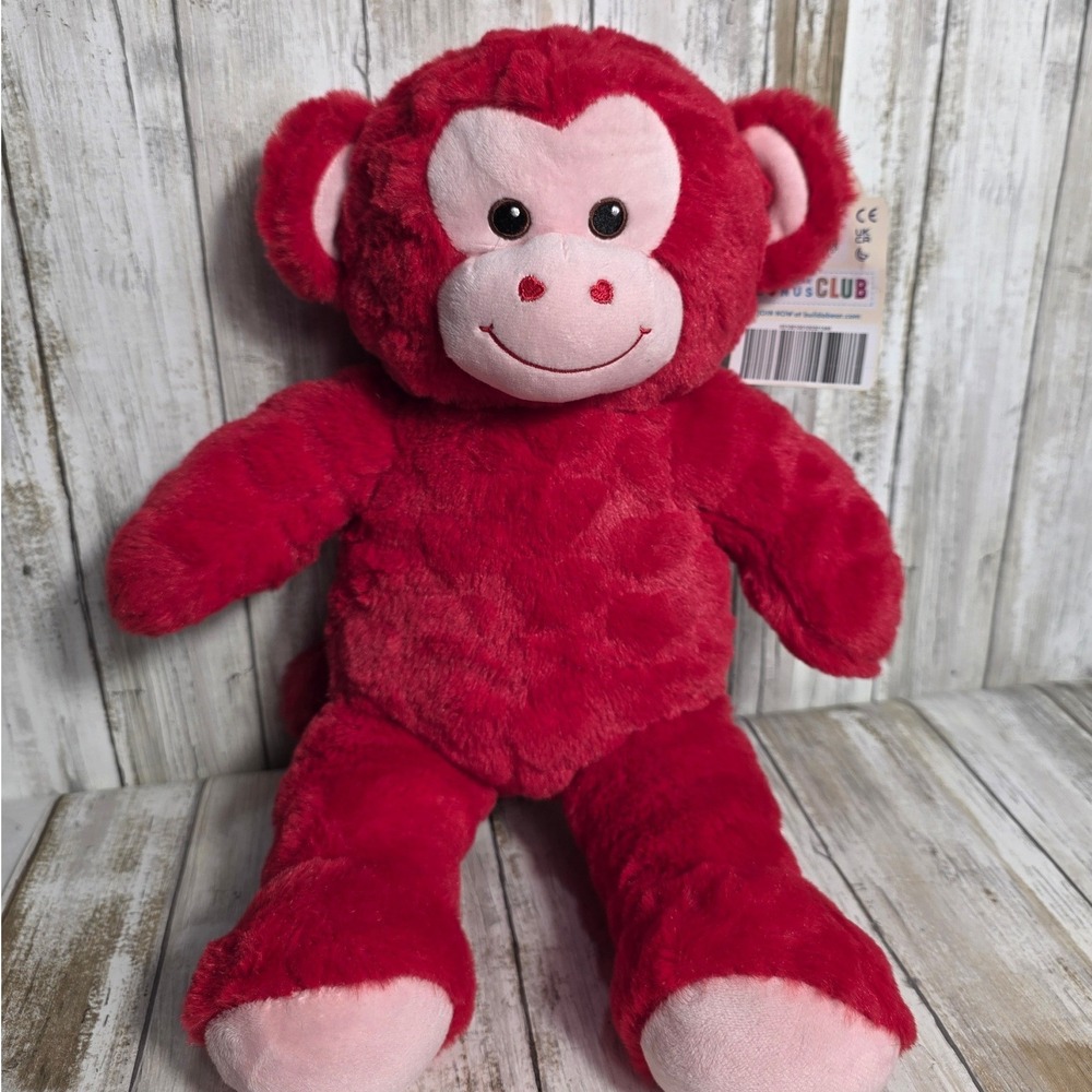 Build-A-Bear Workshop Red Heart Pattern Monkey Plush Red Accents 17 Inch NWT